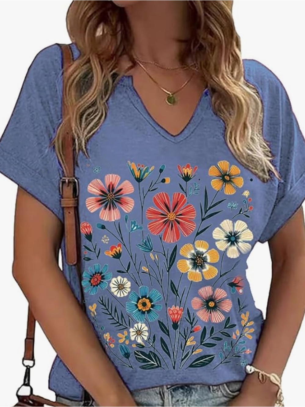 Chic Nation Blue V-Neck Short Sleeve Tee with Multicolor Floral Print